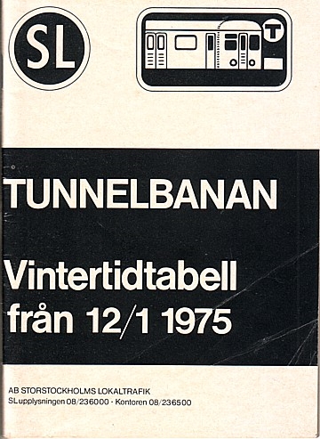 Tunnelbanan. Vintertidtabell från 12/1 1975
