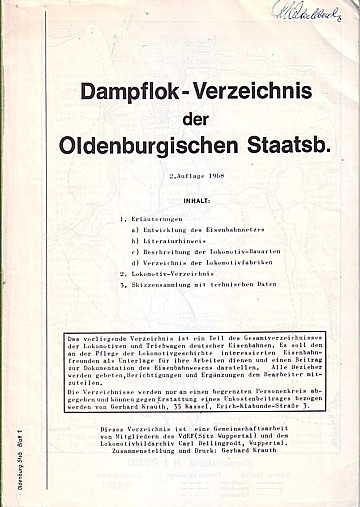 Dampflok-Verzeichnis der Oldenburgischen Staatsb.