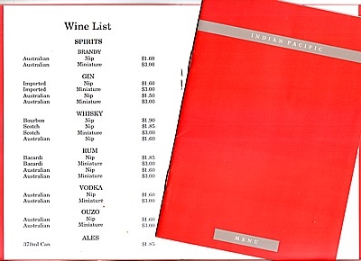 Indian Pacific Menu + Wine List (1988)