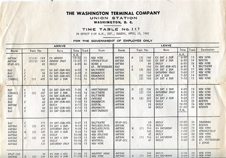 Washington Terminal Time Table 1982